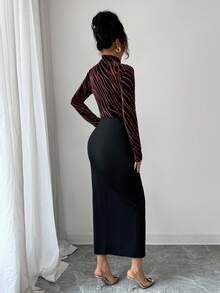 Modelyn 女式斑马条纹立领长袖侧开衩下摆扭腰修身连衣裙，带烫金印花，优雅晚会礼服，女士优雅开叉，开叉大腿，扭纹长袖立领修身长款黑色常规袖图案修身女式长裙，春/秋，休闲日常穿着超长女装长款晚礼服 - 酒紅色 - 查看 2