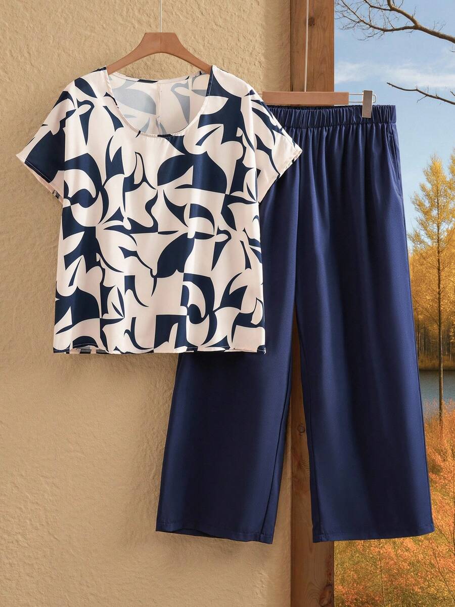 EMERY ROSE Plus Size 2Pcs Set Geometric Pattern, Minimalist Fashion Casual Everyday Wear,Western Wear Women