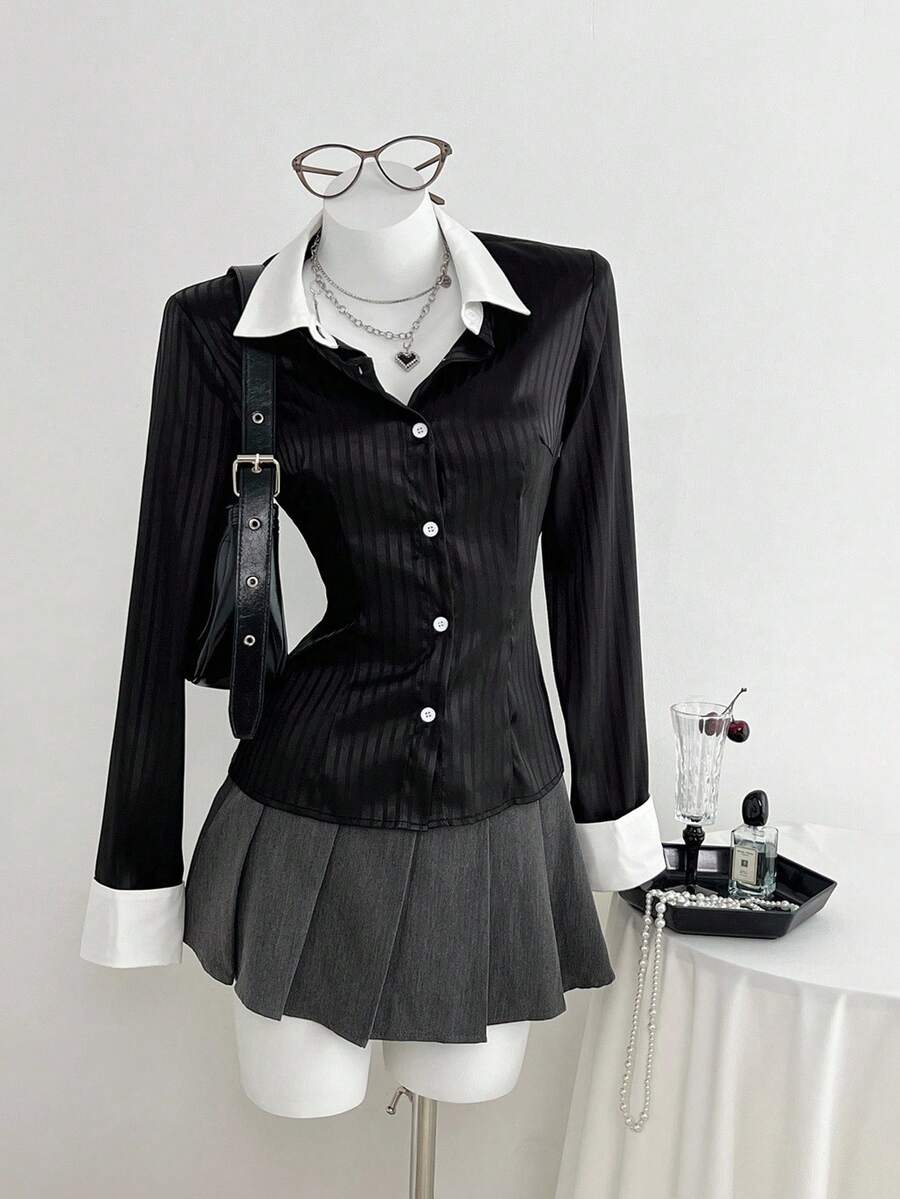 Elamini 1 pezzo Camicia casual a maniche lunghe da donna con bottoni davanti, a righe colorate e texture, adatta per l'uso quotidiano, autunno/inverno - nero - Visualizzare 1