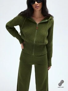 Aveloria Affinna Women's Drawstring Hooded Top And Loose Pants Knit Two Pieces Set - Army Green - View 4