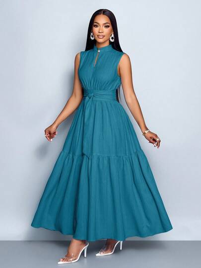 SOLERSUN Blue Color Stand Collar Front Cut Out Sleeveless Cinched Waist Tie Knot Dress Women Elegant Casual Fashion Commuter