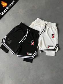 Sport MetroGents 男士撞色印花时尚运动短裤，健身房 - 黑色 - 查看 1