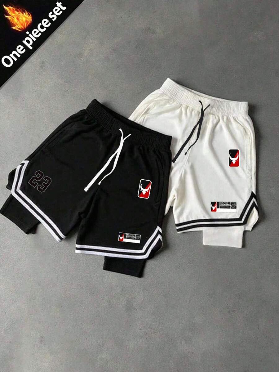 Sport MetroGents 男士撞色印花时尚运动短裤,健身房 - 黑色 - 查看 1