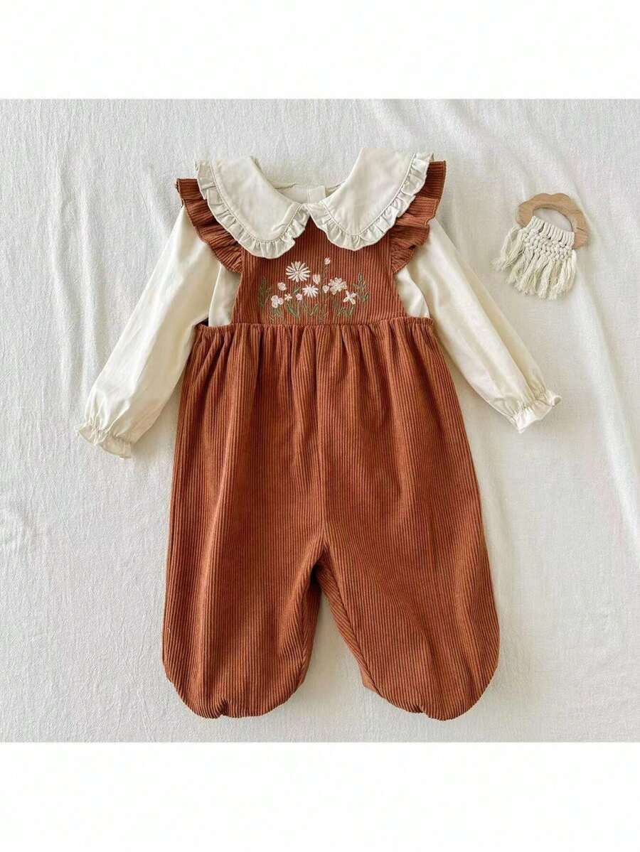 Loomiva 女婴秋冬两件套服装,荷叶边领长袖衬衫和无袖花卉刺绣灯芯绒连体衣套装,适合秋冬季节、户外玩耍和室内休闲穿着。 - 彩色 - 查看 1