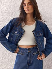 Selenza 女式休闲牛仔夹克，带缎带饰边，长袖，秋季 - 藍色 - 查看 4