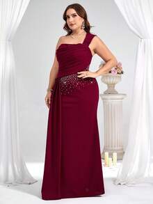 Coutiva 大码女式水钻装饰无袖褶皱优雅正式晚礼服 - 紅色 - 查看 8