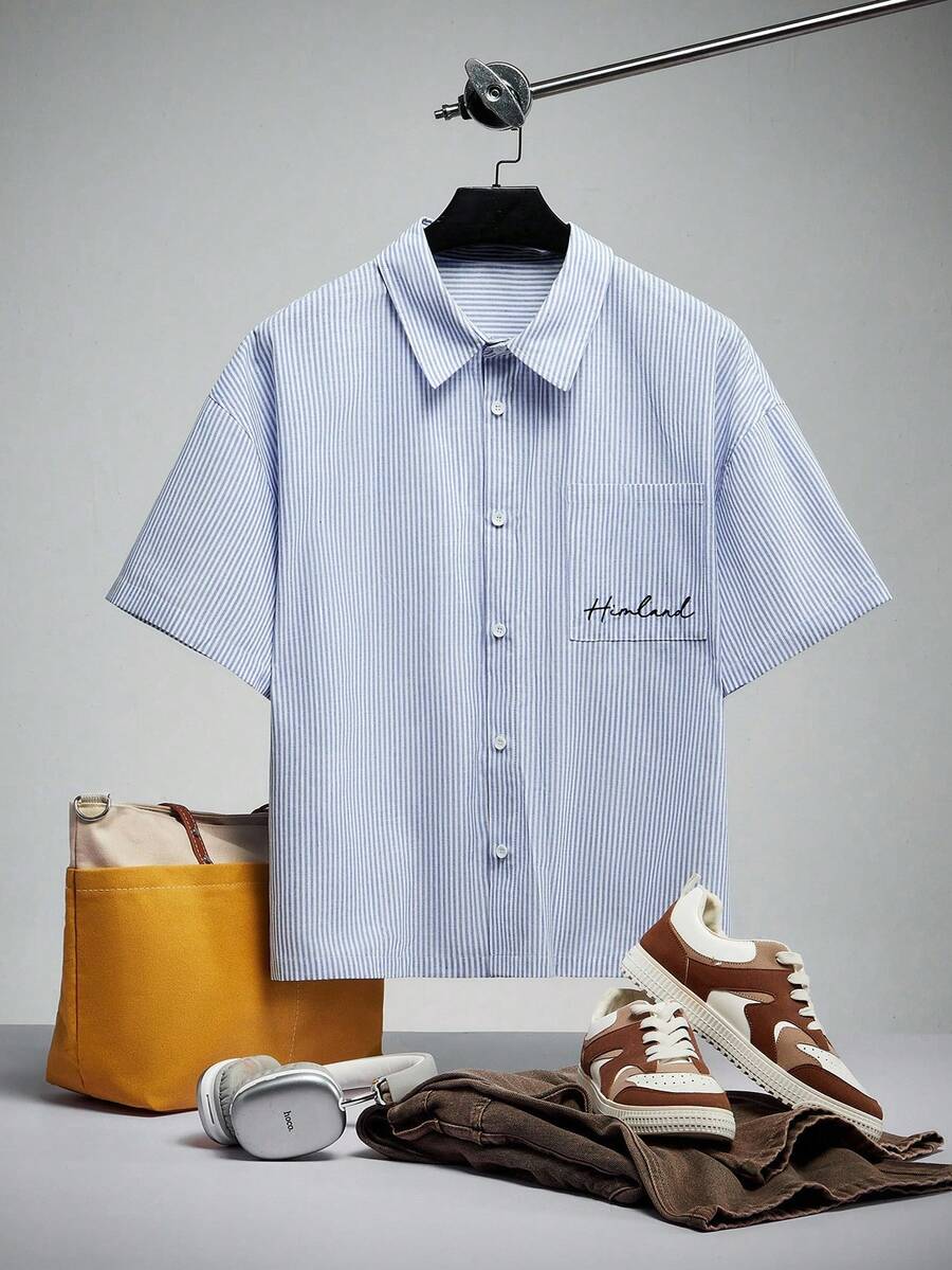 EASEVO Casual Loose Short Sleeve Pocket Embroidered Shirts For Plus Size Men - Blue and White - View 1