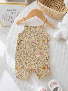 SHEIN LMoss Kids 可愛波西米亞碎花女嬰連身褲 米色 夏季 莊重 度假休閒 秋季穿搭 舒適好穿 時尚圖案服飾 返校季 - 彩色 - 查看 4