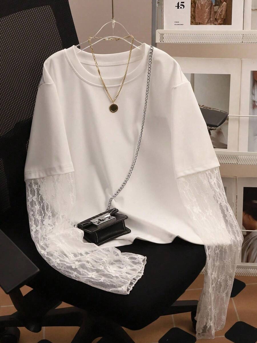 INAWLY Women's Solid Color Lace Patchwork Round Neck Side Split T-Shirt - White - View 1