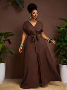 Veslaya Plus Size Solid Color Front Button Belted Short Sleeve Dress - Brown - View 2