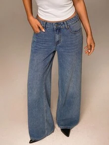 SHEIN Forever 21 春夏女士浪漫/舞会/正式/生日/90 年代/商务休闲/优雅/西部装/外出/时尚/休闲/Y2K 服装/俱乐部/办公室/鸡尾酒会/复古/紧身/狂欢装/搞笑/优雅/老钱/街头服饰/度假/乡村音乐会/工作/端庄/春假/单身女郎装/音乐会/坏人/基本款/毕业/蓝色水洗/低腰/宽松/直筒/阔腿/牛仔装/牛仔裤 - 藍色 - 查看 5