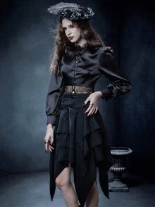 Glisette Women's Black Backless Bowknot Strap Elegant Casual Button Lace Patchwork Sexy Short Black Long Sleeve Satin Blouse - Black - View 2