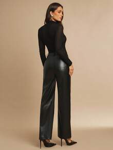 Silquee Women's Black PU Fabric Trousers,Autumn Elegant Night Loose Wide-Leg Pants,Asymmetrical Waist Design Retro Style Formal Work Commuting Office Pants - Black - View 2