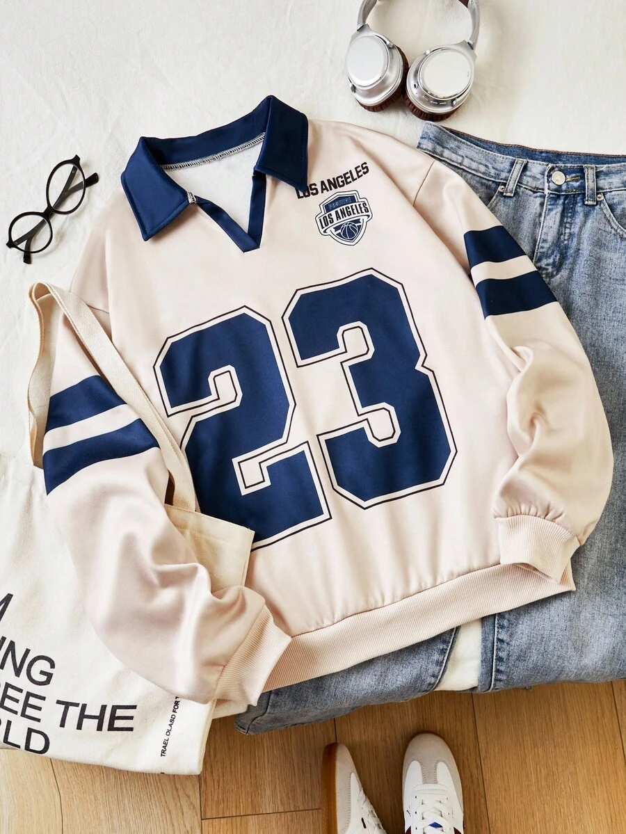 Sparklyn 少女时尚街头休闲翻领长袖卫衣，秋冬季 - 彩色 - 查看 1