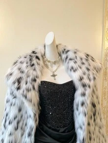 SHEIN MOD 女式冬季仿毛领长袖时尚黑白豹纹夹克 - 黑與白 - 查看 6