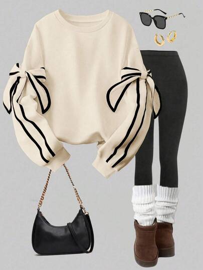 GlowEve Women's Casual Crew Neck Long Sleeve Sweatshirt With Bow Decor, Autumn/Winter