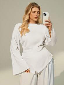 Auralis Plus Size Women Boat Neck Flare Sleeve Loose Fashion Top Bell Sleeves