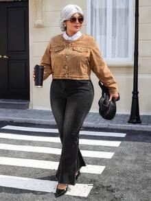 EMERY ROSE Plus Size Women's Vintage Washed Denim Jacket, Autumn - Coffee Brown - View 3