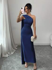 Elenzga Women's New Apricot European And American Fashion Elegant Party Lightweight Sexy Asymmetrical Shoulder Pleated Waist Bodycon Maxi Dress, Backless With High Slit, Shiny Jersey Stretchy, Elegant & Comfortable For Date, Party, Valentine's Day