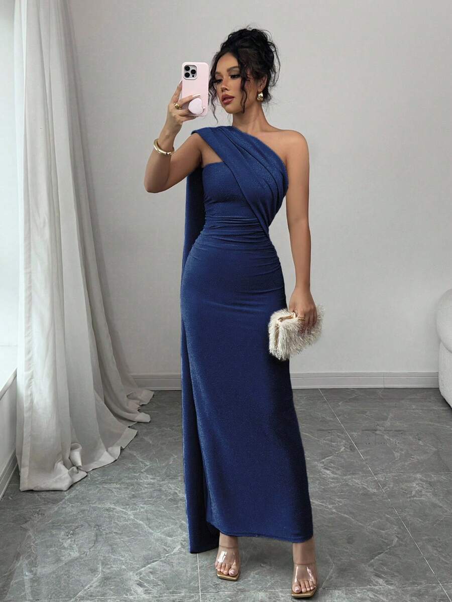 Elenzga Women's New Apricot European And American Fashion Elegant Party Lightweight Sexy Asymmetrical Shoulder Pleated Waist Bodycon Maxi Dress, Backless With High Slit, Shiny Jersey Stretchy, Elegant & Comfortable For Date, Party, Valentine's Day