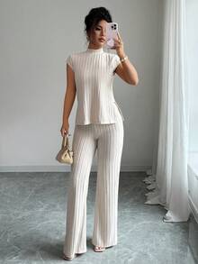 SHEIN PETITE 2件套女士休闲优雅罗纹短袖上衣和裤子套装 - 杏色 - 查看 6