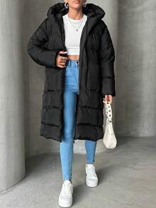 EURMUSE Solid Zip Up Hooded Puffer Coat - Black - View 3