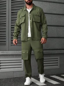 Manfinity Homme 男士纯色口袋休闲夹克和工装裤套装，男士两件套卡其色服装，秋季服装 - 軍綠色 - 查看 7