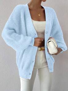 EMERY ROSE Áo khoác len cardigan dáng rộng, màu trơn, tay đèn lồng, dáng thả vai tối giản - Màu xanh lam - Xem 3