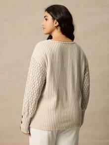 Juhart Spring/Autumn V-Neck Ribbed Patchwork Sleeve Hollow Lace Trim Plus Size Women T-Shirt