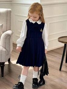 SHEIN Playful Pals Gaun Lengan Panjang 2-in-1 Warna Biru Tua Gaya Sekolah untuk Anak Perempuan, Gaun Lengan Mengembang dengan Pita Warna Kontras untuk Hari Karier Musim Gugur, Cocok untuk Kembali ke Sekolah, Acara Karier, dan Hari Karier. - Navy Blue - View 3