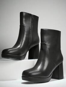 SHUZIA 女式方头粗跟拉链踝靴 - 黑色 - 查看 2