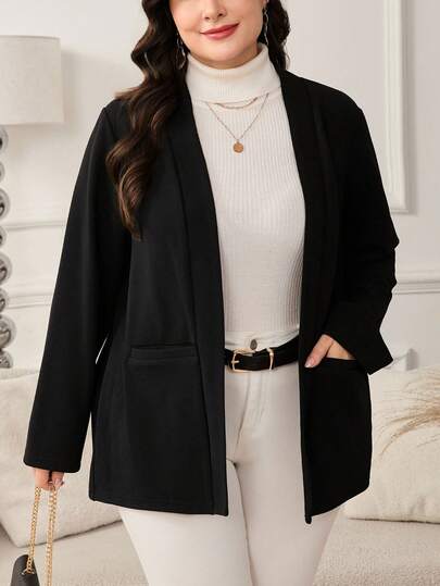 SHEIN Clasi Plus Size Black Solid Color Cardigan Jacket, Casual Outerwear For Autumn, Autumn Jacket, Autumn Cardigan, Fall Cardigan, Fall Clothes For Women, Winter Clothes For Women, Casual Coat, Black Knit Cardigan For Women, Simple Black Jacket, Casual Knitwear Coat With Pockets, Elegant Autumn Winter Outerwear, Versatile Daily Wear Sweater Jacket, Comfortable Workwear Office Cardigan, Stylish Commuter Coat For Travel, Shopping, Streetwear, Commuting