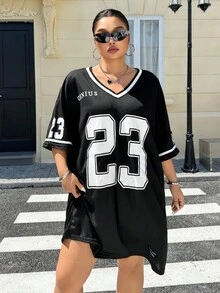 SHEIN EZwear Plus Size Casual Street V-Neck T-Shirt Dress With Letter Print & Mid-Length Sleeves