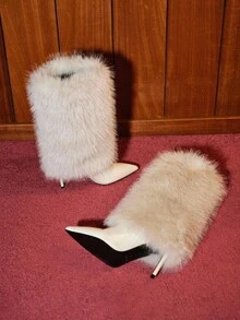 MOTF 毛茸茸的尖头高跟中筒靴，宽松的及膝靴，适合通勤、约会、派对和其他时尚场合 - 米色 - 查看 13