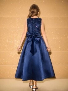 Vestido elegante de niña con lazo de lentejuelas de satén para Navidad, fiesta, boda y ocasiones formales - Azul - Ver 2