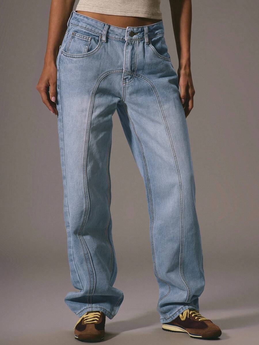 MUSERA Jeans slim taille mi-haute à jambe droite avec détails de couture et passants de ceinture. Style décontracté des années 90, idéal pour les concerts d'été, les sorties d'hiver à Nashville ou l'Oasis - Jean clair - Voir 1