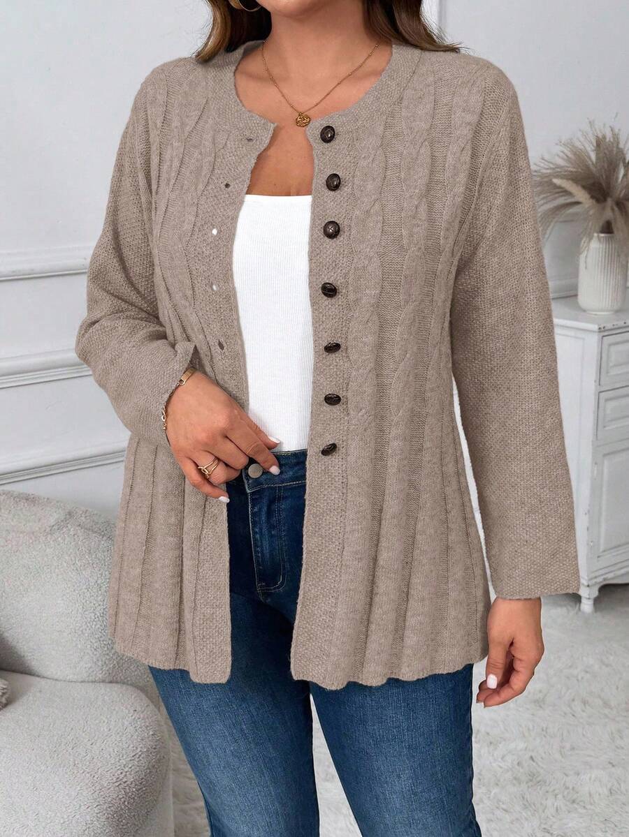 Plus Size Autumn/Winter Casual Cable Knit Button-Front Cardigan - Dusty Pink - View 1