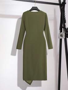 Franclia 女式秋季方领收腰开衩下摆连衣裙 - 軍綠色 - 查看 2