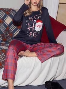 Miss Vinta Casual Cute Plaid Christmas Santa Claus Contrast Print Pajama Set For Women Dark Red,Autumn,Casual,Sleep Long Sleeve Long Pants Pj Sets - Multicolor - View 3