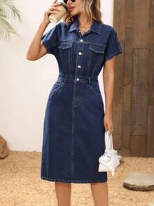 EMERY ROSE Women's Casual Short Sleeve Denim Dress, Summer - Dark Wash - View 6