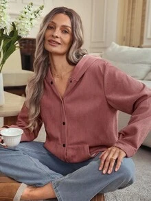 Louniche Jaket Corduroy Polos Wanita dengan Bulu Imitasi, Musim Gugur/Dingin - Dusty Pink - View 7