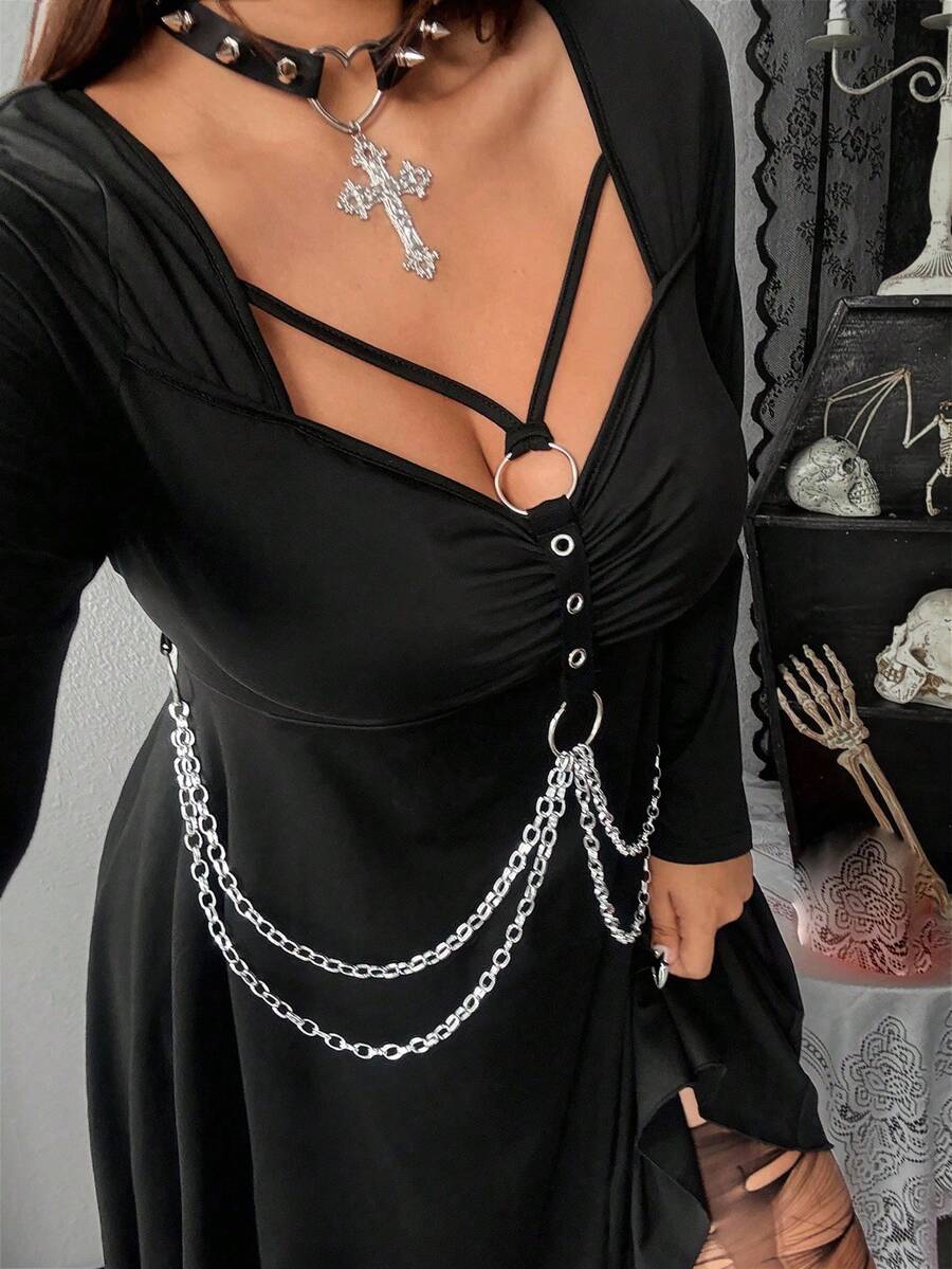 SHEIN Whyspr Grunge Punk Plus Size Fashionable Dark Goth Chain Decor Dress Fall Cloth For Women - Black - View 1