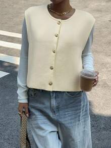 Siren Gaze 女士纯色圆领单排扣休闲针织背心，秋冬 - 白色 - 查看 3