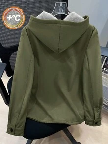 SHEIN Tween Boys' Casual Korean Style Cute Chest Patch Pocket Thermal Lined Woven Jacket Fall Winter - Army Green - View 2