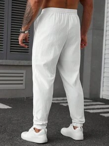 Manfinity CasualCool 男士宽松抽绳腰白线裤，街头潮流，复古风，秋季 - 白色 - 查看 2