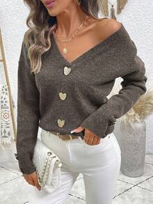 EMERY ROSE Women's V-Neck Batwing Long Sleeve Casual Sweater With Metal Decor, Autumn/Winter - Coffee Brown - View 3