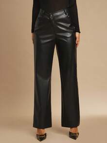 Silquee Women's Black PU Fabric Trousers,Autumn Elegant Night Loose Wide-Leg Pants,Asymmetrical Waist Design Retro Style Formal Work Commuting Office Pants - Black - View 1