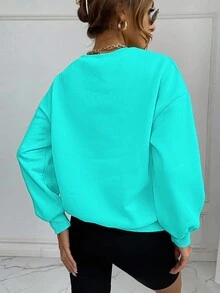 SHEIN Unity Women's Letter Embroidery Solid Color Crew Neck Long Sleeve Long Sweatshirt - Green - View 2