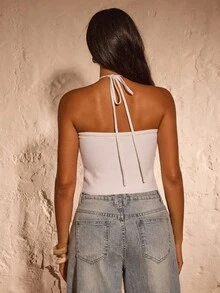 Opulessa Maglione casual da donna per vacanze con scollo impreziosito da perline, stile casual da donna, adatto per concerti, feste, club, autunno, Festa Nazionale, Capodanno, elegante festa, laurea, ballo, lussuoso evento serale per donna, top bianco a fascia, top bianco a bustino, chic autunnale - Bianco - Visualizzare 3