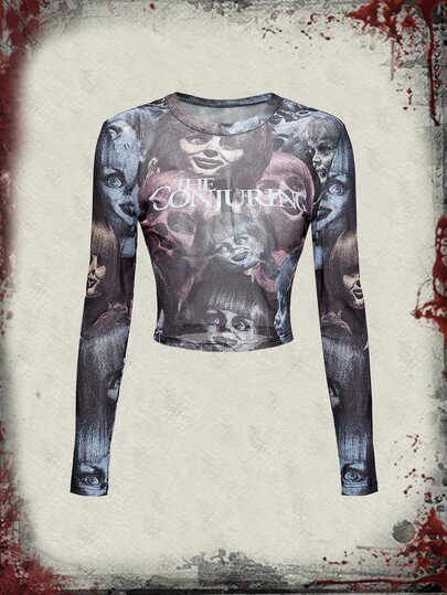 The Conjuring X ROMWE Horror Halloween Portrait Print Mesh Sheer Crop Top For Women